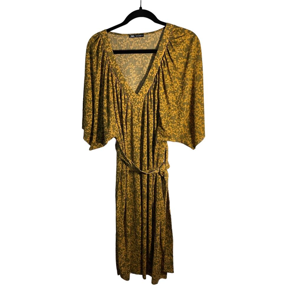 ZARA Yellow Printed Belted MIDI Dress Small R1